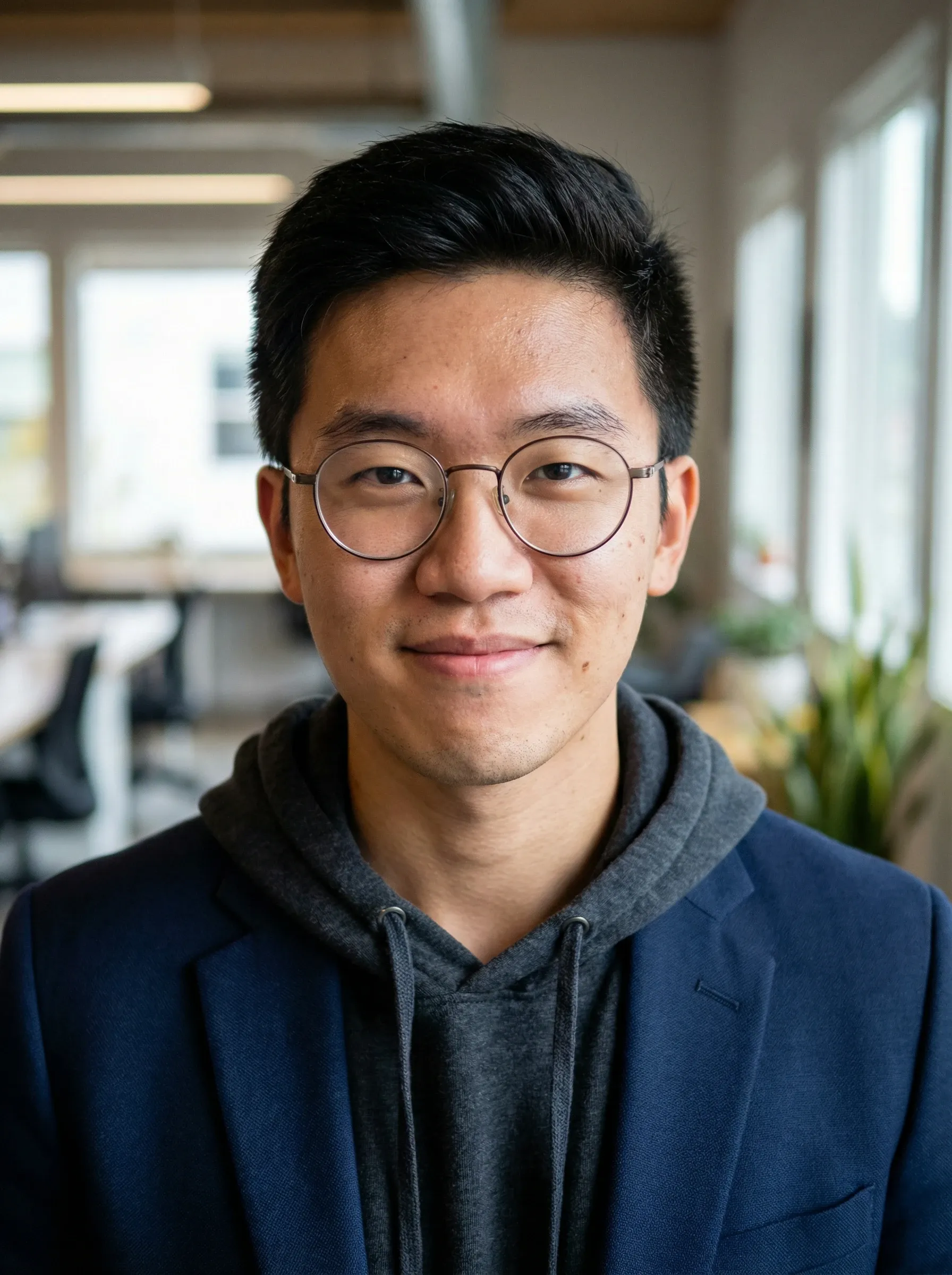 Professional headshot of a man in glasses, a navy blazer and charcoal hoodie in a bright office
